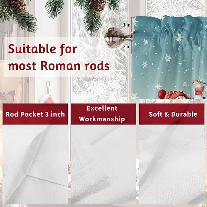 Christmas Snowman Swag Valance Curains Winter Xmas Tree Snowflakes Gradient Green Rod Pocket Kitchen Curtains Scalloped Window Treatment Valances Swag for Living Room Bedroom, 1 Pair, 28"W x 36"L