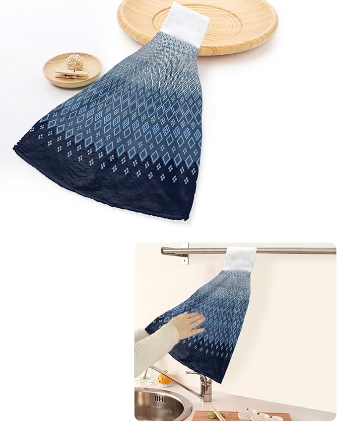 Alandar Home Kitchen Tie Towel Set of 1, Geometric Art Diamond Checker Absorbent Soft Hand Towels for Bathroom Hanging Towels, Modern Blue Ombre Gradient Fast Drying Cleaning Cloth with Loop