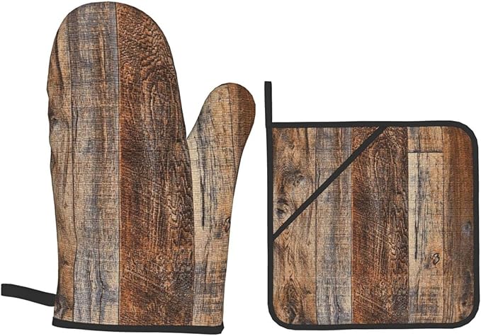 Oven Mitts and Pot Holders Sets of 4,Vintage Brown Wood Splicing Pattern,Oven Mitts Heat Resistant Oven Gloves Set Potholders for Kitchen Baking Grilling