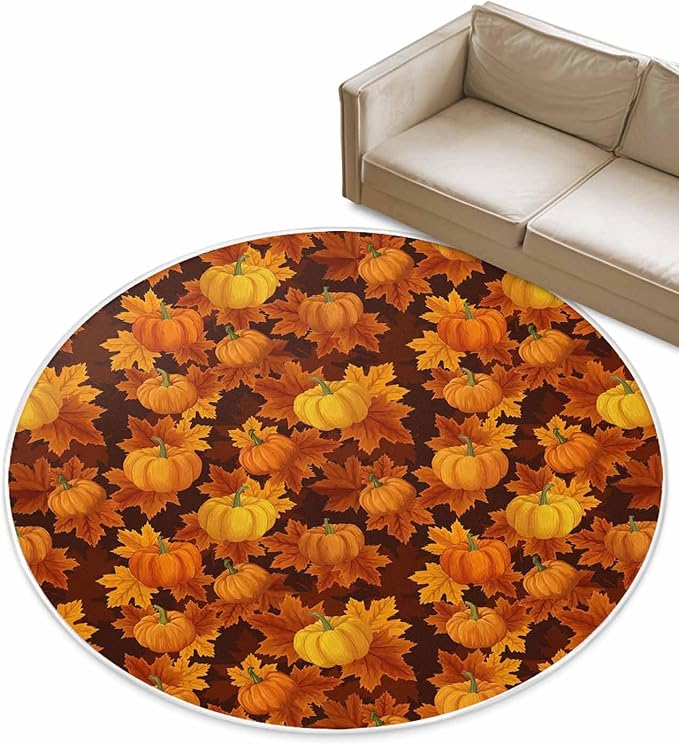 Round Area Rug,Autumn Thanksgiving Pumpkin Watercolor Circle Living Room Rug Non-Slip Rugs Indoor Carpet,Orange Maple Leaves Seamless Soft Comfort Rugs for Bedroom KidsRoom Nursery