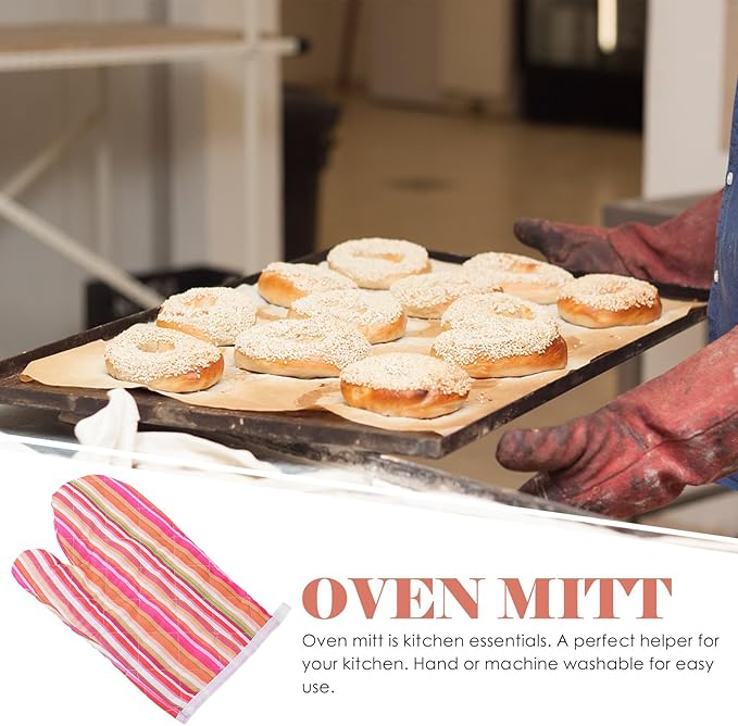 Heat Resistant Oven Mitt 26Cm Thickened Baking Glove with Colorful Stripe Pattern, Anti-Scald Grill Glove for Kitchen Cooking and Barbecue, Single Piece