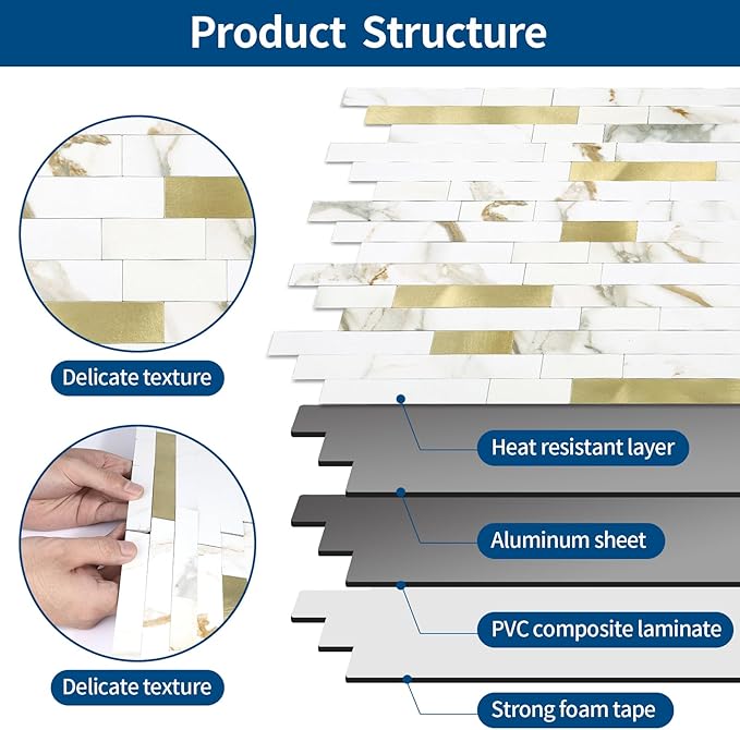 20 - Sheet Peel and Stick Backsplash Wall Tile, PVC Kitchen Backsplash, Stick on Tiles for Backsplash Kitchen (12'' X 12'', White with Gold)