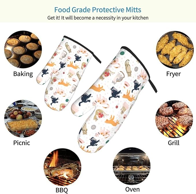 Cute Cat Design Oven Mitts of 2-Pack Set, Funny Kitchen Gloves Heat Resistant Non-Slip Kitchen Mitts Safe Cooking Baking Grilling