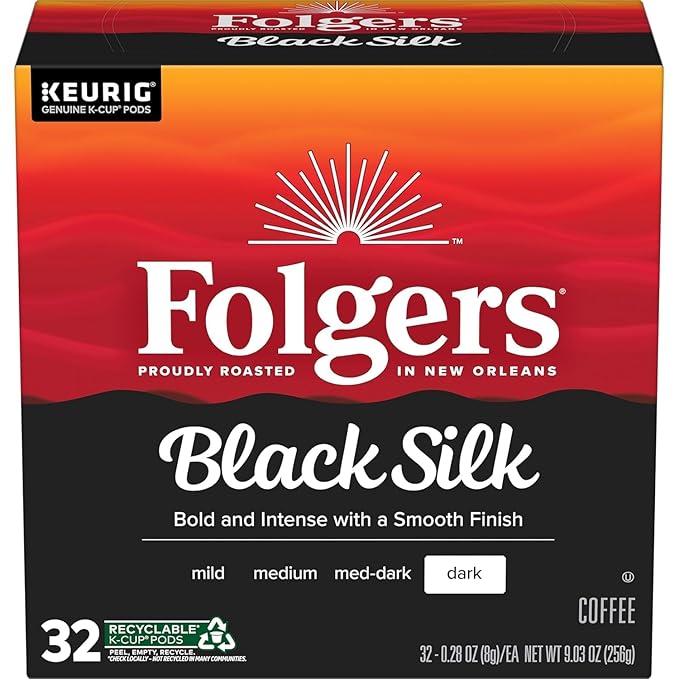 Folgers Black Silk, Dark Roast Coffee, Keurig K-Cup Pods, 32 Count Boxes (Pack of 4)