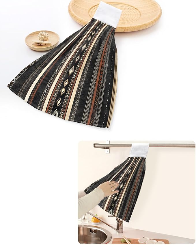 Alandar Home Kitchen Tie Towel Set of 1, Ethnic Brown Stripes Retro Style Absorbent Soft Hand Towels for Bathroom Hanging Towels, Abstract Geometric Fast Drying Cleaning Cloth with Loop