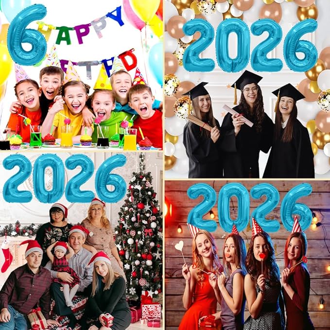 2026 Balloons, 2026 Number Balloons, 2026 Blue Balloon, Foil Happy New Year Balloon for New Year Eve Party Supplies 2026 Graduation Decorations Anniversary Birthday Home Office Decorations, 16 Inch