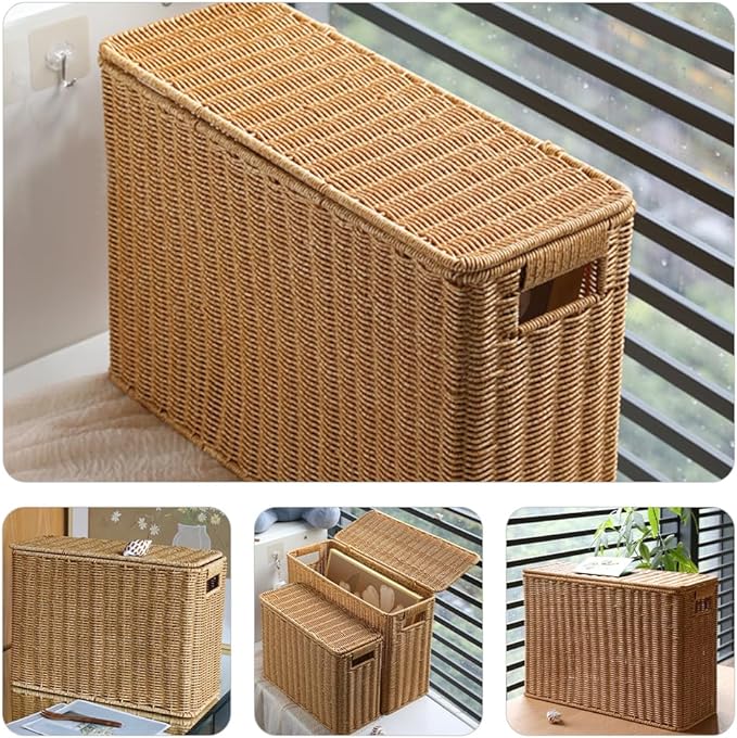 Hemoton Woven Basket Storage Organizer with Lid and Handle 15 Inch Narrow Tall Container for Home Toys Magazines and Sundries