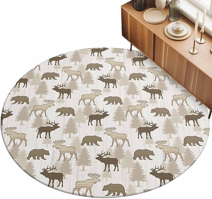 Washable Round Area Rug Animal Moose Bears Circle Rugs Floor Carpet for Living Room Bedroom, Retro Rustic Pine Trees Soft Non Slip Round Rug 3ft