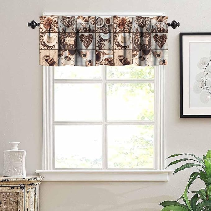 Coffee Kitchen Valance, Vintage Brown Coffee Beans Cups Heart Short Window Treatment for Cafe Kitchen Bedroom Living Room, 54x18Inch