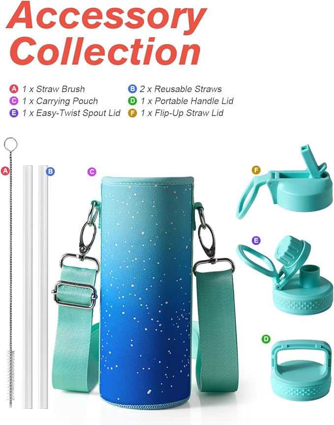 Coolflask Water Bottle 24 oz Insulated with Straw, Stainless Steel Metal 3 Lids Water Flask Wide Mouth for Sports or Office, Non-BPA Keep Cold Up to 48 Hrs or Hot Up to 24 Hrs, Glacier Blue