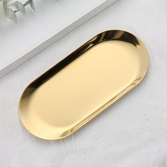 SUTOKAKA Decorative Serving Tray, Manicure Tools Storage Dish, Perfume Jewelry Dinner Placing Plate for Bedroom Kitchen Salon Supplies (Gold - 2PC, 7.09 * 3.35 * 0.39 INCH)