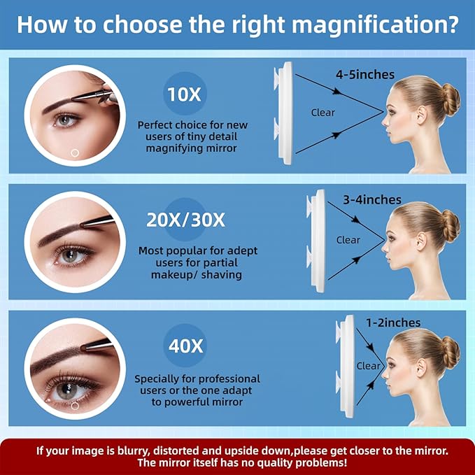 10X Magnifying Mirror with Lights, 10X Magnified Mirror with 3 Color Lights Adjustable Brightness, Rechargeable 6inch Travel Magnification with 3 Suction Cups - Includes Tweezers & Scissors