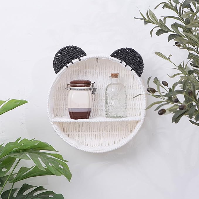 PURPLELILY Rattan Hanging Storage Basket Bear Ear Shape Wall Shelf Woven Wall Mounted Storage Rack Floating Shelves Home Decoration
