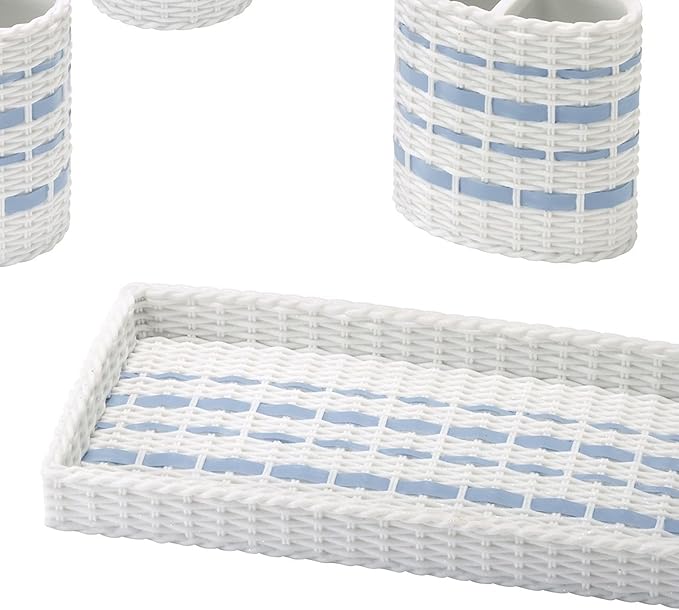Izod – Vanity Tray, Wicker-Textured Hand-Painted Resin with Stripe Detail, Coastal Home Decor – Perfect for Organizing Toiletries, Cosmetics and Bathroom Essentials (Savannah)