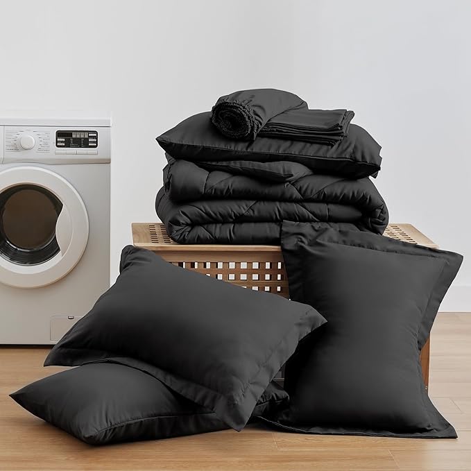 Love's cabin Oversized Queen Comforter Set Black, 7 Pieces Bed in a Bag, All Season Queen Bedding Sets with 1 Comforter, 1 Flat Sheet, 1 Fitted Sheet, 2 Pillowcase and 2 Pillow Sham | Soft, Breathable, Lightweight, Comfortable