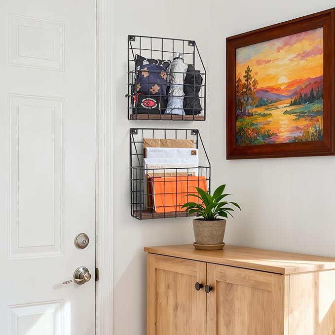 Mail Holder Magazine Basket - 2 Pack Black Wall Mount File Organizer Rack of Wooden Style with Adhesive Mounting - Metal Wire Hanging Sorter for Document Folders Newspaper Clipboard Brochure Display