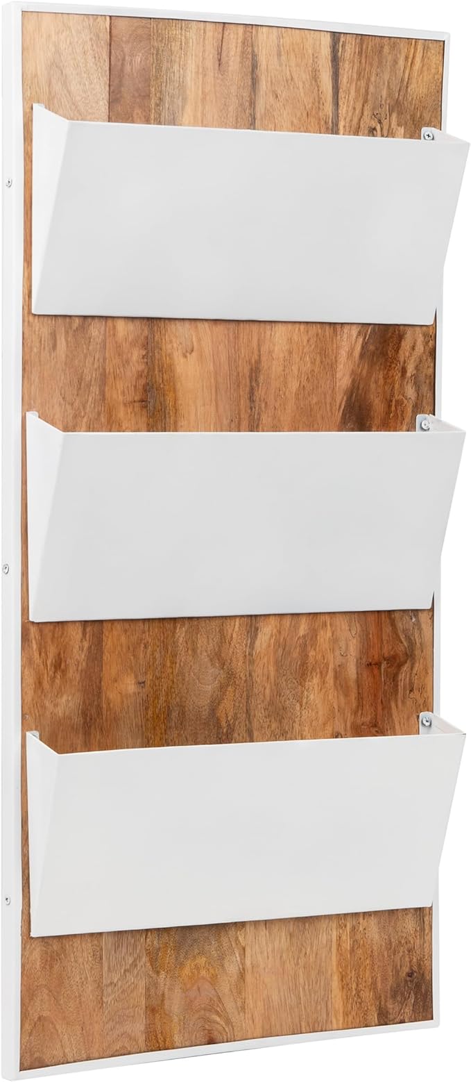 Mind Reader 3-Tier Wall-Mounted File Organizer, Wood and Metal Vertical Rack for Mail, Magazines, and Documents, Metal, Wood, White