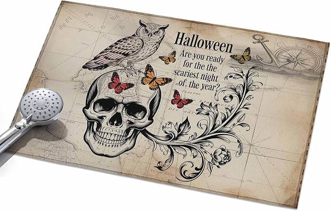 Area Rug 2x3ft, Halloween Skull Owls on Vintage Washable Rugs for Living Room Bedroom, Retro Butterflies Flower Soft Non-Slip Area Rugs Rectangle Floor Carpet for Dining Room