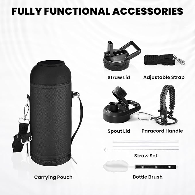 RAYMYLO Insulated Water Bottle 40 oz, Triple Wall Vacuum Stainless Steel (Cold for 36Hrs, Hot for 18Hrs), Leak Proof & Non-BPA, Modern Water Flask Jug with Paracord Handle & Straw Spout Lids