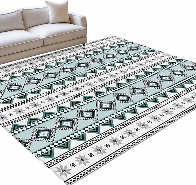 Area Rug 4x6ft, Boho Diamond Pattern Washable Rugs for Living Room Bedroom, Ethnic Style Blue Strips Soft Non-Slip Area Rugs Rectangle Floor Carpet for Dining Room