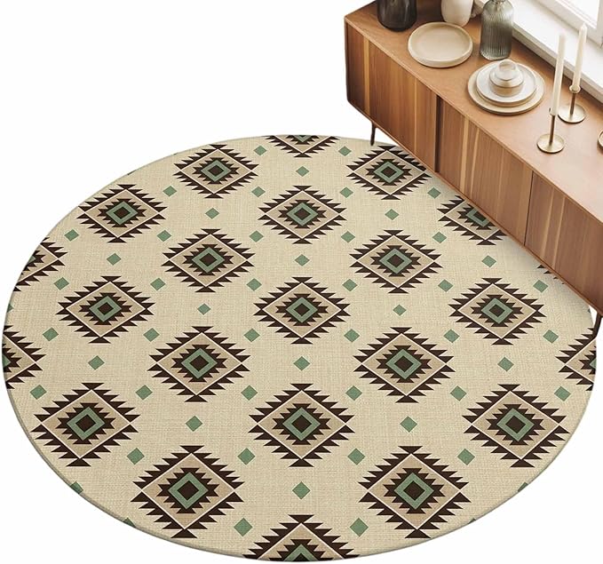 Washable Round Area Rug Boho Tribal Diamond Pattern Circle Rugs Floor Carpet for Living Room Bedroom, Ethnic Style Art Soft Non Slip Round Rug 3ft