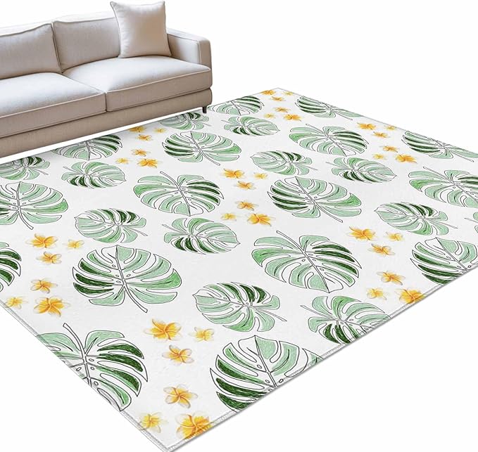 Area Rug 3x5ft, Summer Palm Leaves Pattern Washable Rugs for Living Room Bedroom, Scattered Starburst Flowers Soft Non-Slip Area Rugs Rectangle Floor Carpet for Dining Room