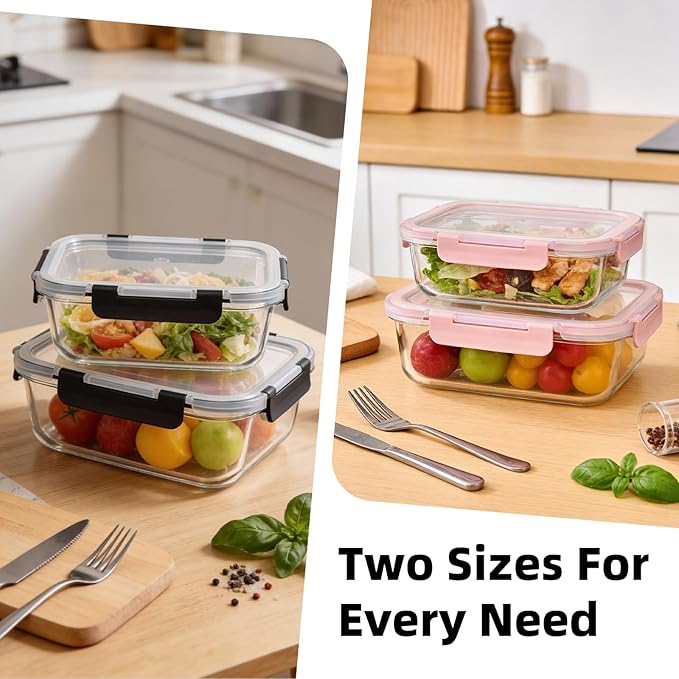 Konokyo Rectangular Glass Food Storage Containers with Lids, 24 Pack Airtight Leakproof Meal Prep Containers, BPA-Free, Microwave Oven Freezer & Dishwasher Safe, Assorted Sizes