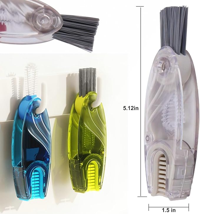 4 in 1 Cup Lid Cleaning Brush Set Multifunctional Bottle Brush Cleaner Tiny Bottle Cup Lid Brush Straw Cleaner Tools Mini Silicone Bottle Cup-Holder Cleaner with Hook Remover Blue & Grey