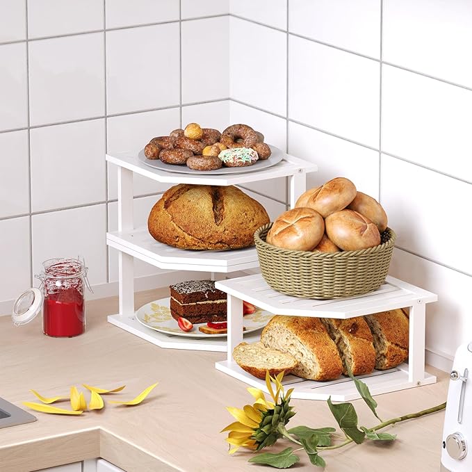 VERTORGAN Bamboo Corner Shelf(3 Pack),2 Tier Plate Organizer for Cabinet and Countertop,Pantry Dish and Spice Rack for Kitchen(White)