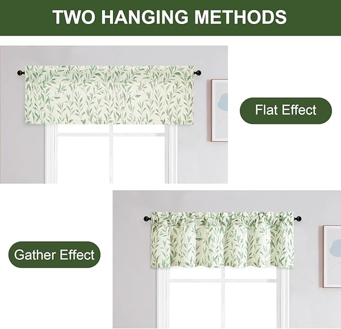 Leeva Willow Leaves Printed Curtains Valance - Rod Pocket Semi-Blackout Valance for Kitchen,Bedroom & Living Room, 52 x 18 Inch, Green, One Panel