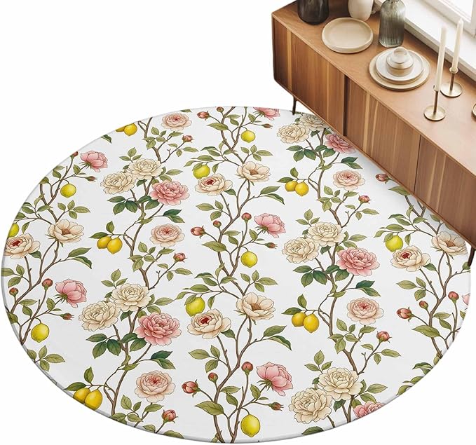 Washable Round Area Rug Country Blossom Flower Plant Circle Rugs Floor Carpet for Living Room Bedroom, Summer Lemon Leaf Seamless Soft Non Slip Round Rug 5ft