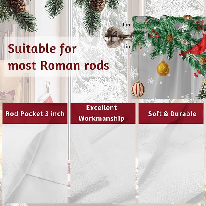 Red Christmas Truck Swag Valance Curains Winter Car with Xmas Tree Leaf Bird Grey Rod Pocket Kitchen Curtains Scalloped Window Treatment Valances Swag for Living Room Bedroom, 1 Pair, 36" W x 36" L