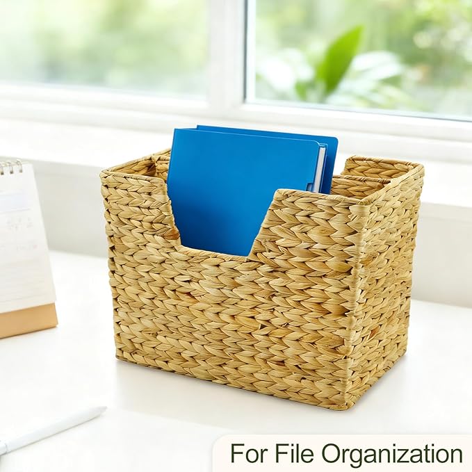 Nexboraque Handwoven Wicker Magazine Basket Decorative Water Hyacinth Storage Bin & Organizer with Handle for Office Living Room Dorm Bathroom