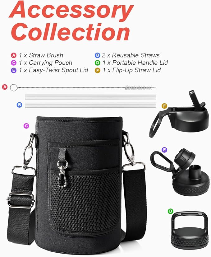 Coolflask Half Gallon Water Bottle Insulated with Straw & 3 Lids, 64 oz Water Jug Large Metal Stainless Steel Wide Mouth for Sports, Gym or Office, Non-BPA Keep Cold 48H Hot 24H, White & Black