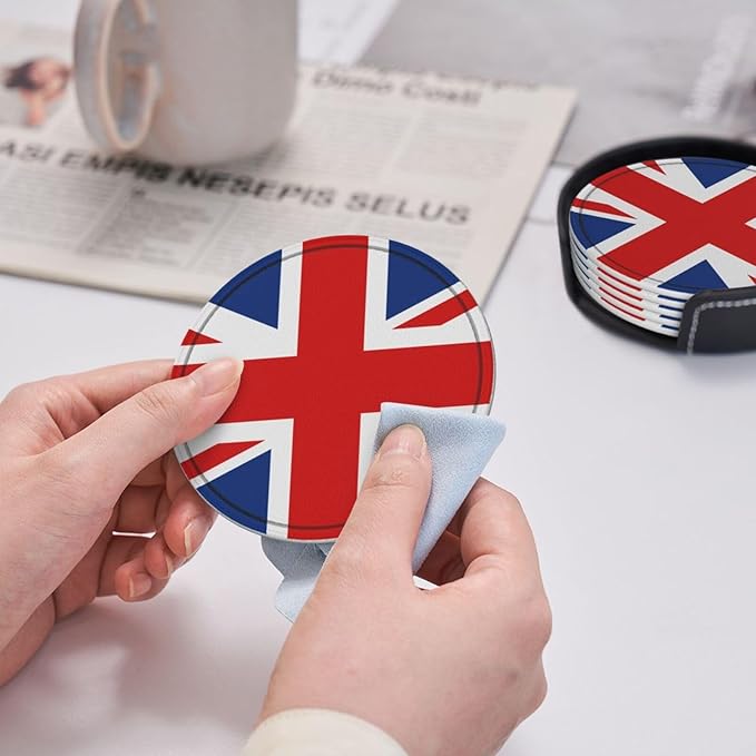 United Kingdom Flag Leather Drinks Coasters with Holder, Set of 6, Suitable for Various Cups