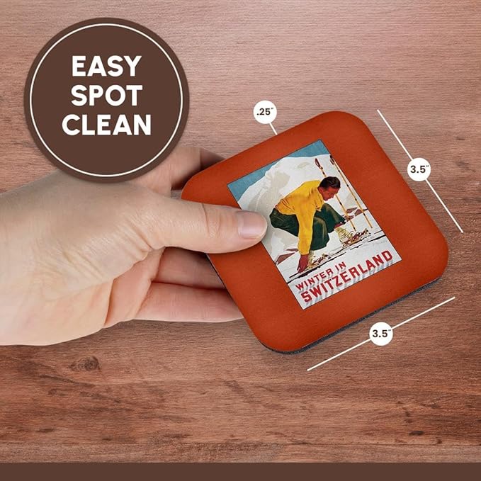 3dRose CST_170532_2 Winter in Switzerland Man Putting on His Skis Luggage Label Soft Coasters, Set of 8