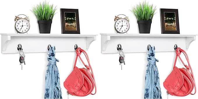 Greenco Entryway Wall Mounted Floating Shelf with Hooks, Hat and Coat Hanging Wooden Storage Shelf, 24” – White (Pack of 2)