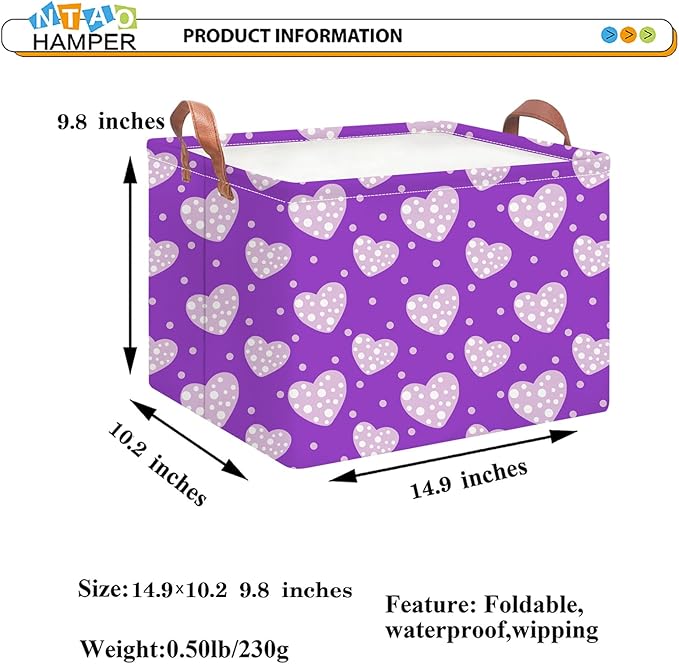 NTAOHAMPER Mothers Day Gifts Purple Love Fabric Storage Basket Empty with Handles, Books Box, Baby Shower Baptism Lovely Storage24L(Purple Love)