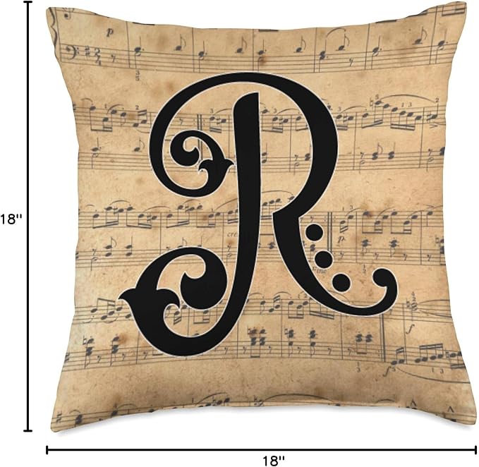 Monogram Initial of Capital Letter R on Vintage Sheet Music Throw Pillow