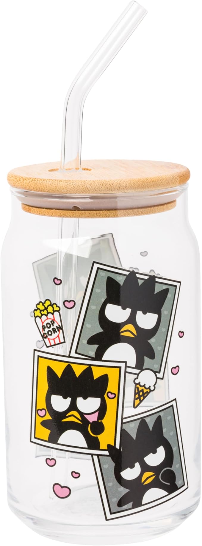 Silver Buffalo Sanrio Hello Kitty and Friends Badtz-Maru Polaroids Glass Jar Tumbler with Bamboo Lid and Glass Straw, 16 Ounces (Pack of 12)