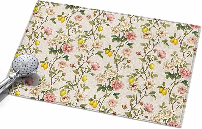 Area Rug 2x3ft, Farmhouse Blossom Flower Leaf Lemon Washable Rugs for Living Room Bedroom, Summer Retro Floral Fruit Soft Non-Slip Area Rugs Rectangle Floor Carpet for Dining Room