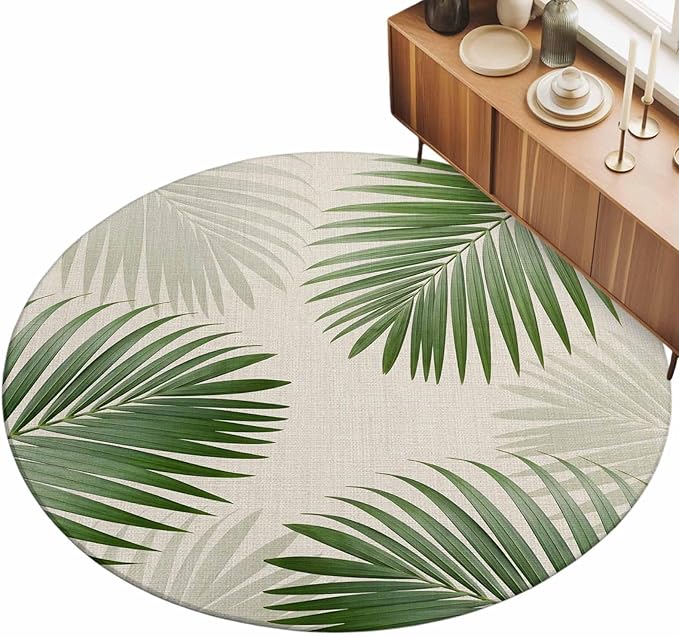 Washable Round Area Rug Rustic Sage Green Palm Leaves on Linen Circle Rugs Floor Carpet for Living Room Bedroom, Summer Plants Soft Non Slip Round Rug 5ft