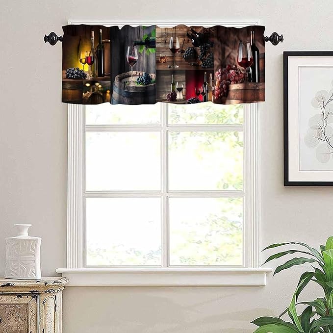 Wine Kitchen Valance, Rustic Wooden Board Wine Barrel Glass Grape Short Window Treatment for Home Bar Dining Bedroom Living Room Resturant, 54x18Inch
