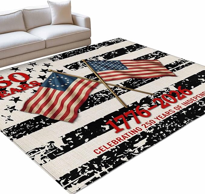 Area Rug 8x10ft, Independence Day 250th Anniversary Washable Rugs for Living Room Bedroom, Retro USA Flags Soft Non-Slip Area Rugs Rectangle Floor Carpet for Dining Room