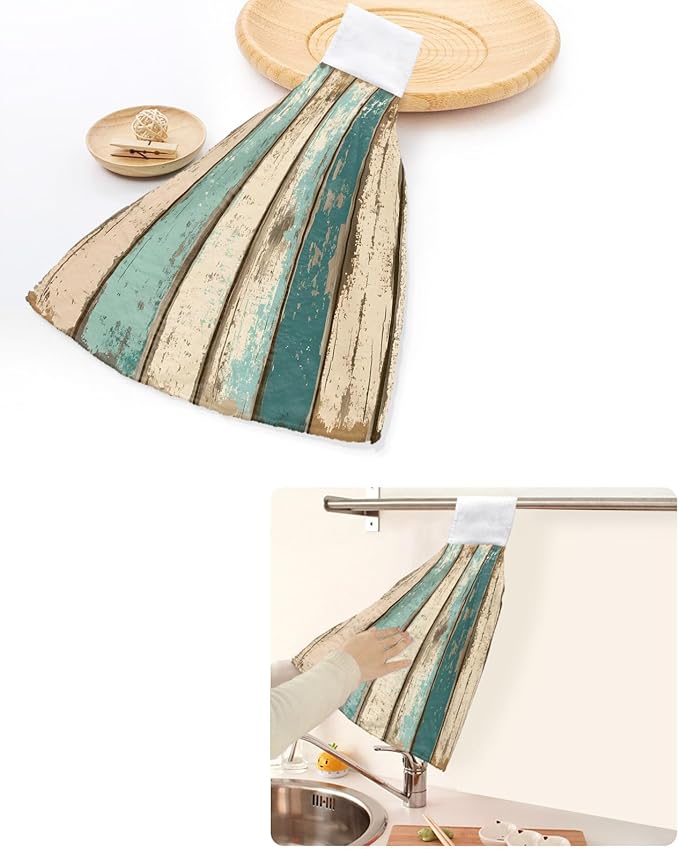Alandar Home Kitchen Tie Towel Set of 2, Farm Brown Wood Board Retro Absorbent Soft Hand Towels for Bathroom Hanging Towels, Farm Shabby Wood Grain Fast Drying Cleaning Cloth with Loop