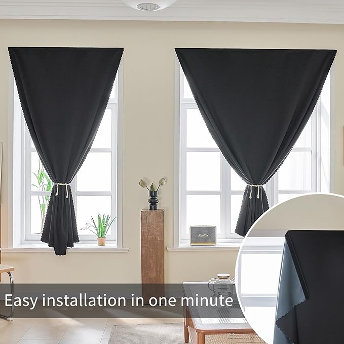 AJAZZ 100% Blackout Shades Window Cover Self Adhesive Curtains Sticky Curtain Portable Easy Open Blackout Curtains for Bedroom Living Room No Drilling (Black, 35" W x 71" L) 1 Panel