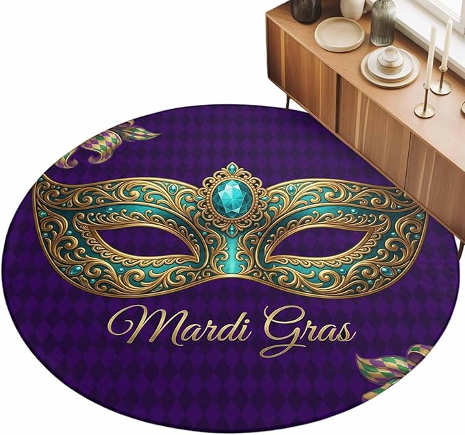 Washable Round Area Rug Mardi Gras Mask Purple Plaid Circle Rugs Floor Carpet for Living Room Bedroom, Abstract Blossom Floral Soft Non Slip Round Rug 3ft