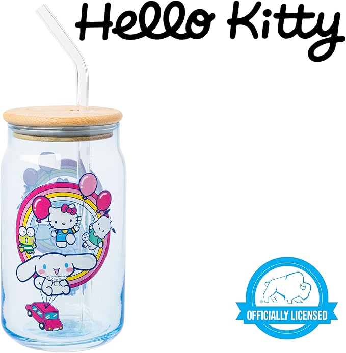 Silver Buffalo Sanrio Hello Kitty & Friends Floating Car Balloons Featuring Cinnamoroll, Pochacco, and Keroppi Glass Jar Tumbler with Bamboo Lid and Glass Straw, 16 Ounces
