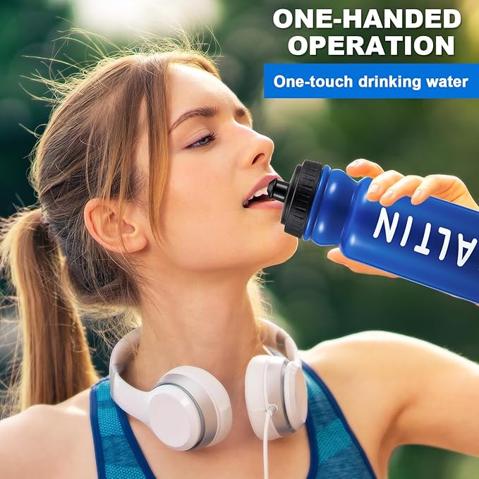 Suclain Water Bottle Carrier with 20 Oz Bottles and Stickers Plastic Wide Mouth Sports Water Bottle Squeeze Team Bottles with Black Lid for Fitness Bike Gym(7 Pcs,Dark Blue)