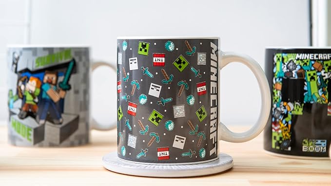 Zak Designs Minecraft Mug Unique Ceramic Coffee Cup Set, Can Coffee Mugs with Comfortable Handle for Gamer Gifts, Dishwasher and Microwave Safe (11.5 oz, 4-Piece Set)